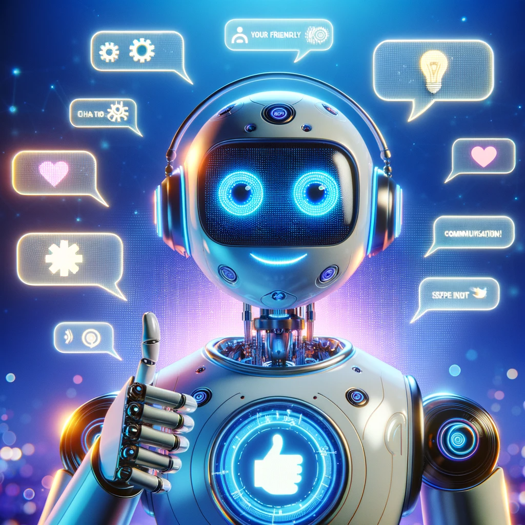 DALL·E 2023-12-18 08.43.14 - A futuristic and friendly-looking chatbot character at the center of the image, with a humanoid appearance but digital elements like a screen for a fa